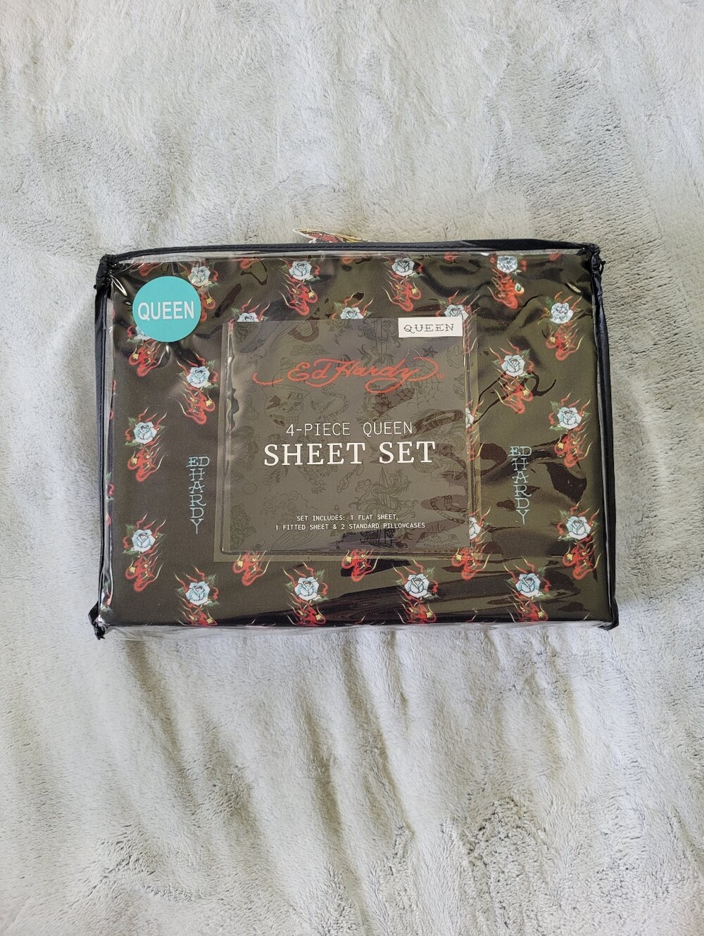 Ed Hardy Queen Size Bedsheet Set Logo Roses Flames Tattoo Y2K Deep Pocket Sheets